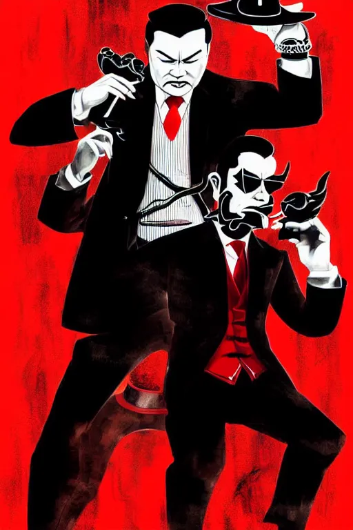 Image similar to chinnese mafia, with black suit and red tissue, some of leader have dragon tatto. digital art, concept art, pop art, bioshock art style, accurate, detailed, gta chinatown art style, cuphead art style, dynamic, face features, body features, ultra realistic, smooth, sharp focus, art by richard hamilton and mimmo rottela