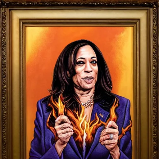 Image similar to breathtaking detailed art portrait painting of kamala harris as a evil witch casting fire spell on the whitehouse