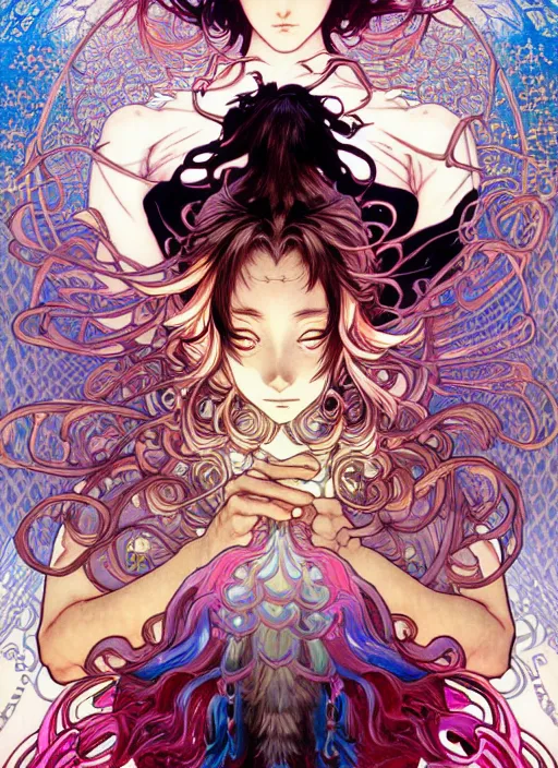 Prompt: exquisite imaginative creature manga poster art of demon slayer, pearlescent, shimmering, reflective, rim light, detailed background, by kojima ayami, shigenori soejima. takeshi obata, alphonse mucha, jump comics, illustration, artstation, concept art, highly detailed, colorful, maximalist