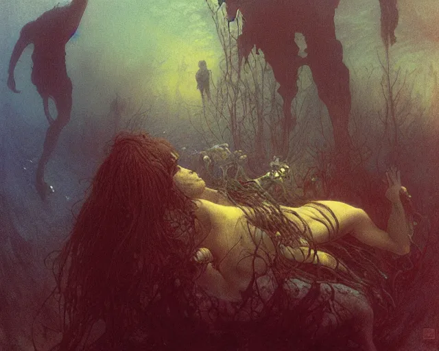 Image similar to the last sight before death by drowning, underwater scene, painted by zdzislaw beksinski and artgerm and greg rutkowski and alphonse mucha and rene laloux