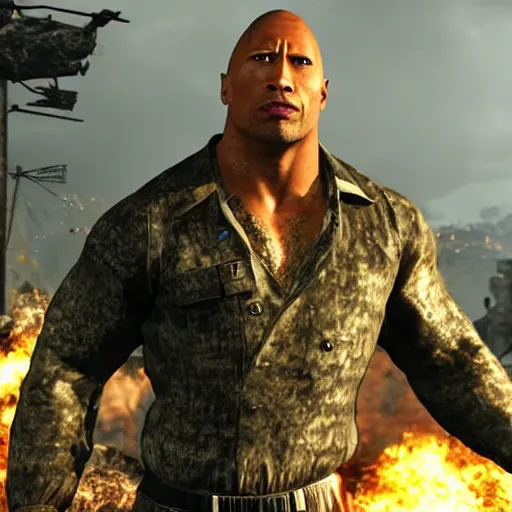 Image similar to dwayne the rock johnson, dwayne the rock johnson in the call of duty zombies map tranzit, black ops 2 tranzit, screenshot