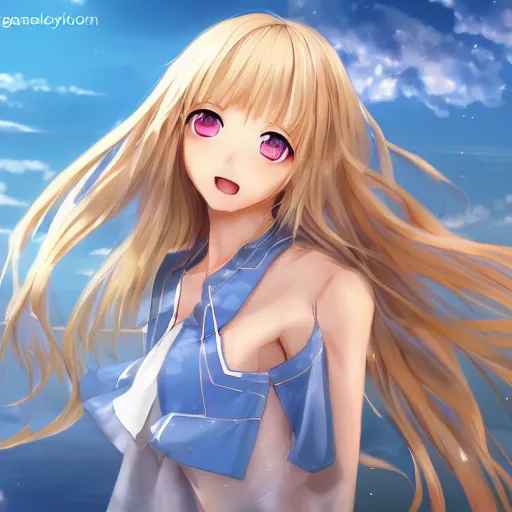 Image similar to a very beautiful anime cute girl, full body, long wavy blond hair, sky blue eyes, full round face, short smile, fancy top, miniskirt, front view, summer lake setting, cinematic lightning, medium shot, mid-shot, highly detailed, cinematic wallpaper by Stanley Artgerm Lau