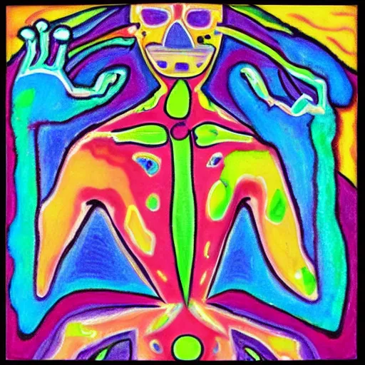 Prompt: In the center of the body art is a large gateway that seems to lead into abyss of darkness. On either side of the gateway are two figures, one a demon-like creature, the other a skeletal figure. holography, in the tundra by Alexej von Jawlensky, by Lisa Frank sinister