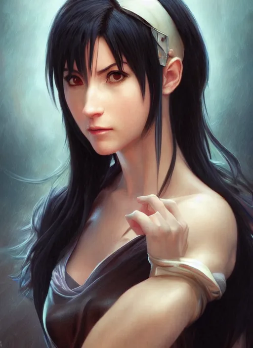 Prompt: portrait of tifa lockhart, final fantasy, cinematic lighting, intricate, elegant, highly detailed, digital painting, artstation, smooth, sharp focus, illustration, art by artgerm and greg rutkowski and zdislav beksinski and alphonse mucha and wayne barlowe and william - adolphe bouguereau