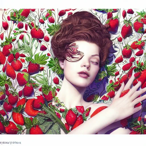 Image similar to the portrait of an absurdly beautiful, graceful, elegant, sophisticated, stylish woman made of strawberries and green petals looking up, an ultrafine hyperdetailed illustration by kim jung gi, irakli nadar, intricate linework, bright colors, octopath traveler, final fantasy, unreal engine 5 highly rendered, global illumination, radiant light, detailed and intricate environment