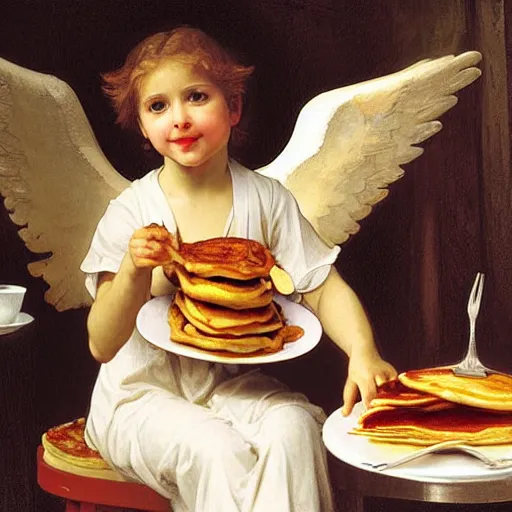 Prompt: an oil painting of an angel inside McDonald's eating pancakes with a fork, by Bouguereau, highly realistic and intricate