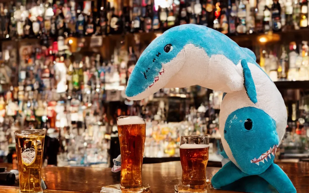 Image similar to Shark plush ordering a beer at a bar, stuffed toy, fish, dim lighting, 50mm, depth of field,