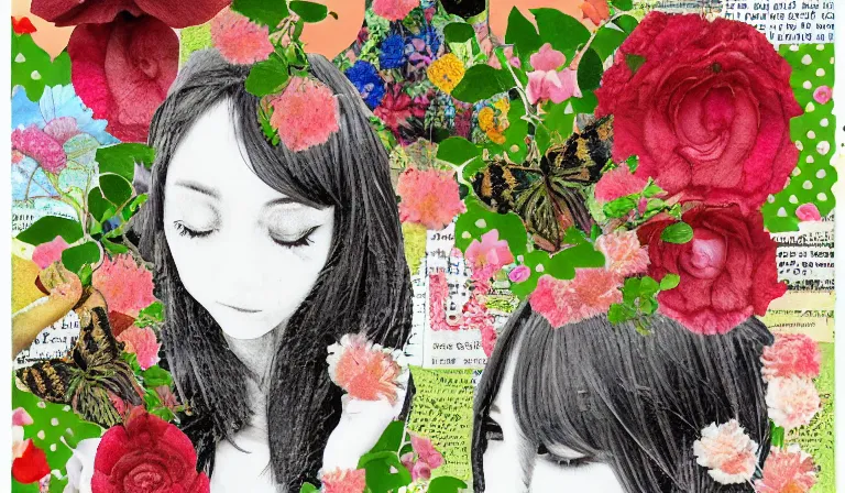 Image similar to ill bring u flowers in the pouring rain, shojo, collage, mixed media