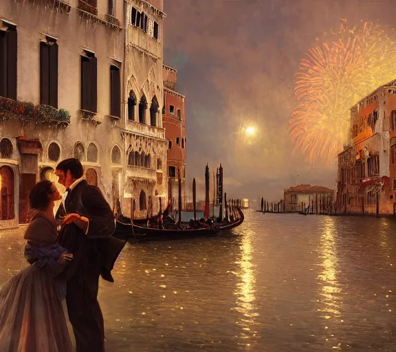 Image similar to photography of a 1 8 th couple in venice with fireworks, deep focus, intricate, elegant, highly detailed, digital painting, artstation, concept art, matte, sharp focus, illustration, art by artgerm and greg rutkowski and alphonse mucha and gil elvgren