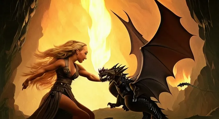 Image similar to Hayden Panettiere from Heroes (2006) fighting a black dragon in a dark cave lit by fire explosions, wide-angle lens, D&D, fantasy, intricate, elegant, highly detailed, digital painting, artstation, concept art, matte, sharp focus, illustration, hearthstone, art by Artgerm and Greg Rutkowski and Alphonse Mucha