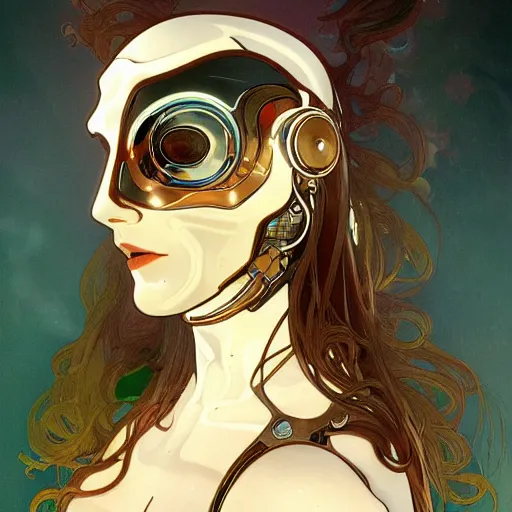 Prompt: A close-up portrait of a beautiful female cyborg wearing a cracked porcelain mask by Alphonse Mucha, exposed inner structure, brightly glowing eyes, art nouveau card, wlop, retrofuturism, trending on artstation