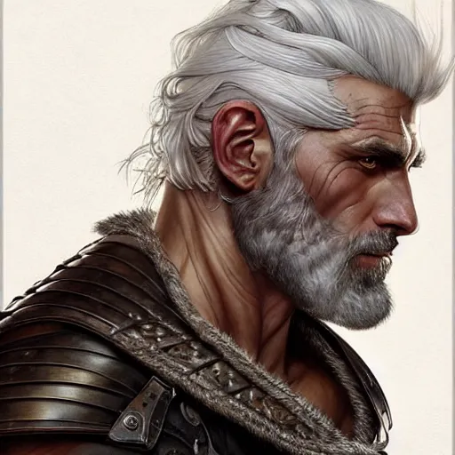 Image similar to portrait of a ruggedly handsome paladin, white hair, muscular, half body, leather, hairy, d & d, fantasy, intricate, elegant, highly detailed, digital painting, artstation, concept art, smooth, sharp focus, illustration, art by artgerm and greg rutkowski and alphonse mucha