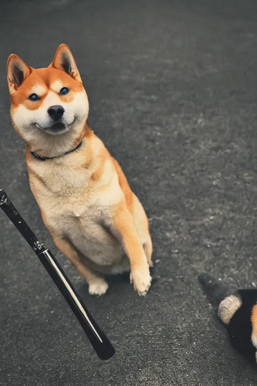 Image similar to 📷 shiba _ inu wielding baseball _ bat, canine photography, dramatic shot, very detailed, 4 k ✨