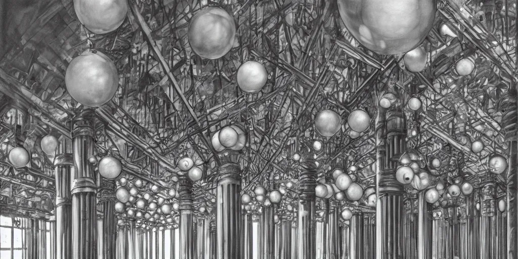 Prompt: the depths of a matrioshka world, large pillars holding up an artificial ceiling, escher inspired architecture, rigid artificial brutalism, misty environment, ominous white diffuse orbs of light, alan bean influences