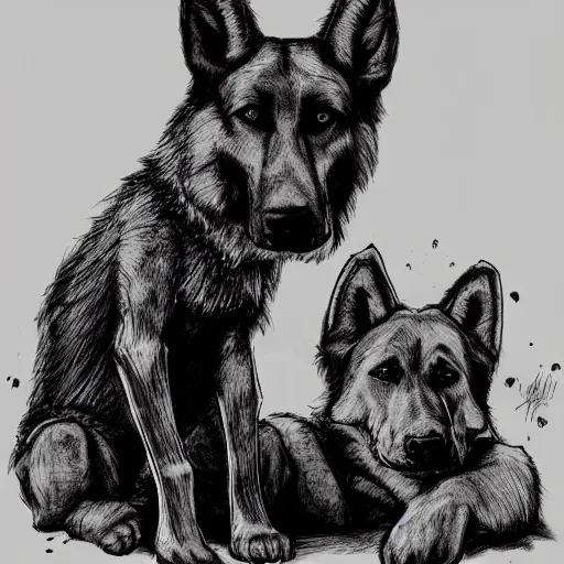 Prompt: two humanoid german shepherds beast - men, sitting on a couch and hugging together in cartoon style, smooth, sharp foccus ilustration, artstation