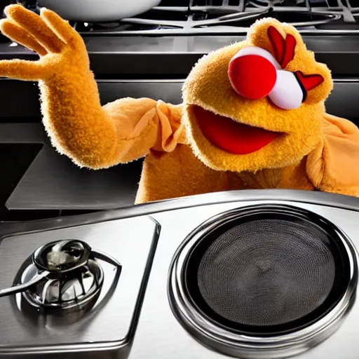 Image similar to a muppet inside a metal pot on a stove, next to an italian chef cooking