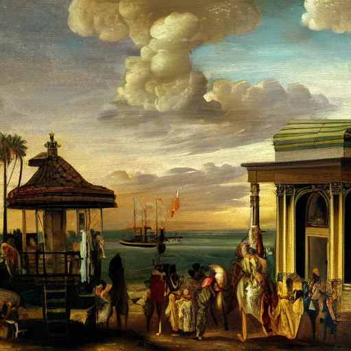 Image similar to Baroque oil painting of a Victorian beach resort