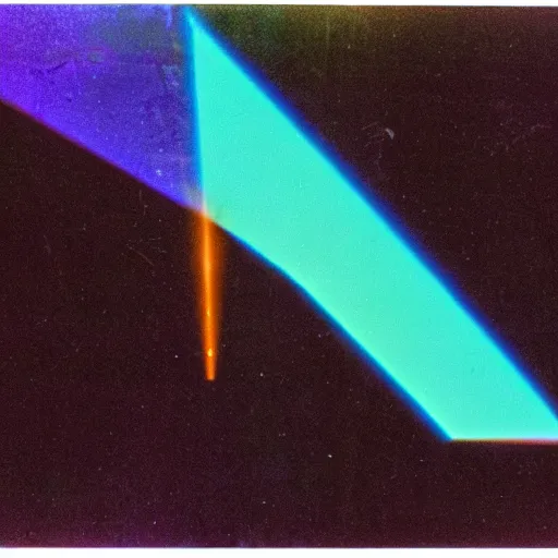 Image similar to black background, an holographic triangle being hit by a beam of light, emitting a rainbow, 1970s