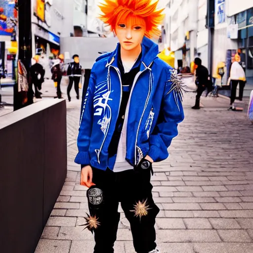 Prompt: orange - haired anime boy, 1 7 - year - old anime boy with wild spiky hair, wearing blue jacket, shibuya street, bright sunshine, strong lighting, strong shadows, vivid hues, sharp details, subsurface scattering, intricate details, hd anime, high - budget anime movie, 2 0 2 1 anime