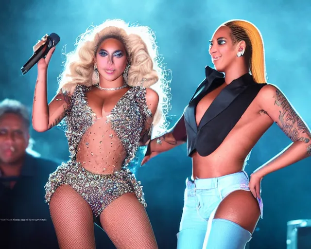 Image similar to Lady gaga and Beyonce perfom together at a concert, EOS 5D, ISO100, f/8, 1/125, 84mm, RAW Dual Pixel, Dolby Vision, HDR, AP, Featured