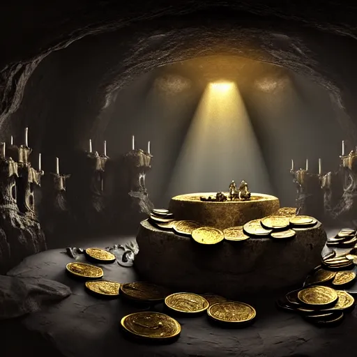 Prompt: a matte painting of a dark slate cave with a symmetrical skull of white flames in the center surrounded by a large number of glittering gold and silver coins and some treasure chests in the background, rays of light, dust, dim lighting, highly detailed, cinematic, high contrast, intricate, mystery, epic, dark fantasy, sense of awe, digital art