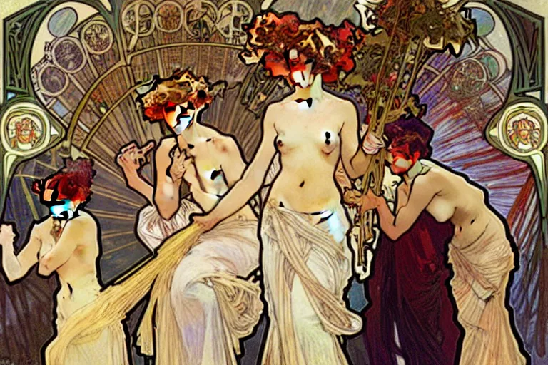 Image similar to Alphonse Mucha painting crowded figures