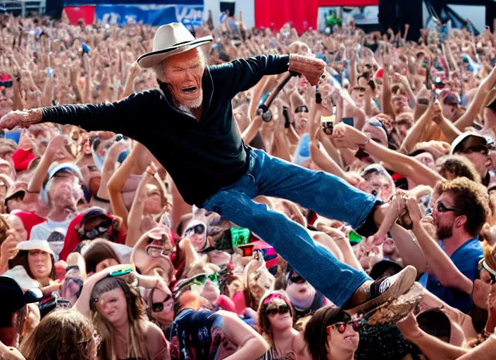 Image similar to photo still of clint eastwood on stage at vans warped tour!!!!!!!! at age 6 8 years old 6 8 years of age!!!!!!!! stage diving into the crowd, 8 k, 8 5 mm f 1. 8, studio lighting, rim light, right side key light