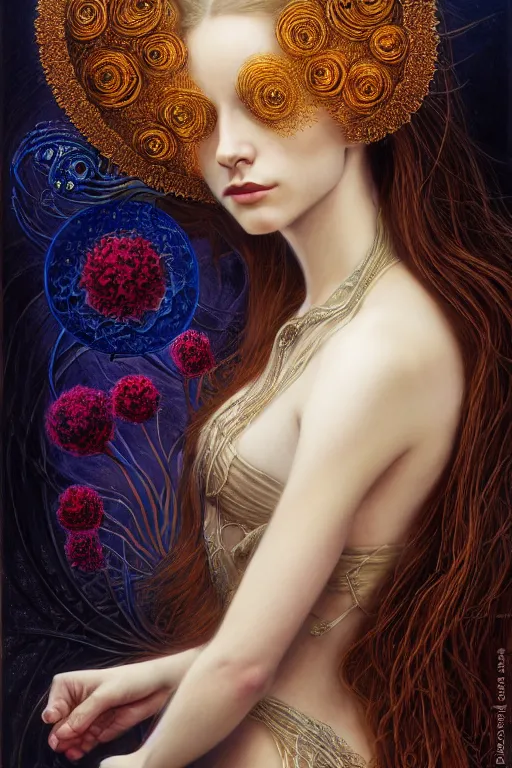 Image similar to portrait of a young female wizard in flowing sensual dress, arrogant, long fine flowing hair, delicate, looking at camera, slight nerdy awkward smile, realistic face, stylish, elegant, grimdark fantasy, flowers, mysterious, extremely detailed painting inspired by Gerald Brom and Ernst Haeckel and Victor Nizovtsev, studio lighting