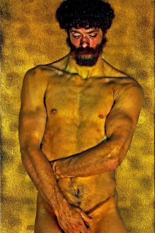 Image similar to A man wearing golden clothes, muscular, fantasy, painting by Gustav Klimt