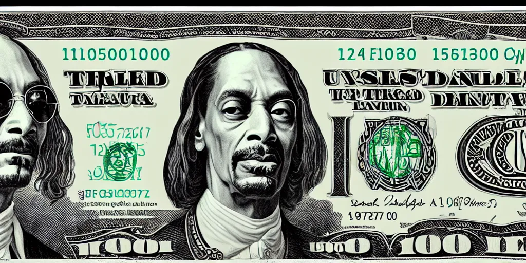 Image similar to a thousand dollar us bill featuring snoop dogg