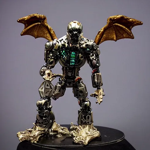 Image similar to cyborg with a metallic dragon skull for a head with giant demon wings