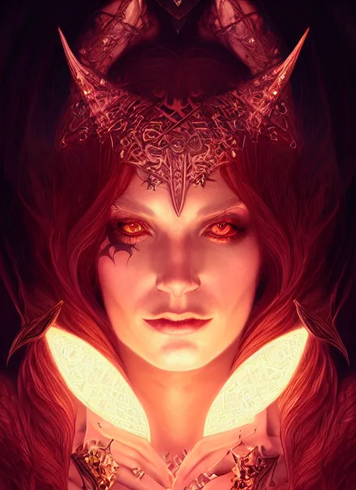 Image similar to portrait of a satanic witch, intricate, elegant, glowing lights, highly detailed, digital painting, artstation, glamor pose, concept art, smooth, sharp focus, illustration, art by artgerm and greg rutkowski, artey freytag