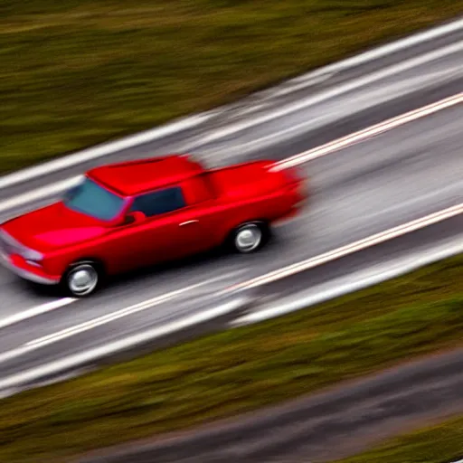 Prompt: An illustration of a red car rushing on the highway by matt griffin