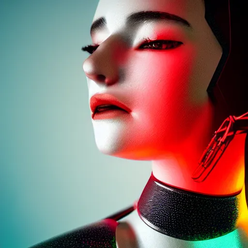 Image similar to a portrait of a female cyborg, fashion, streak lights, ligjt trail, color gel, photogtaphy, photorealistic, canon r 5, wide angle, 3 d rendered, maya