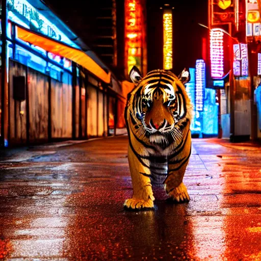 Image similar to a high quality low wide angle photo of a tiger on the streets of a cyberpunk city, rainy, reflective ground, neon lights, realism, 8k