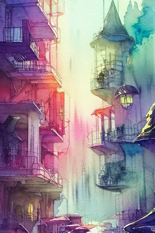 Image similar to beautiful happy picturesque charming sci - fi city in harmony with nature. beautiful light. nice colour scheme, soft warm colour. beautiful detailed watercolor by lurid