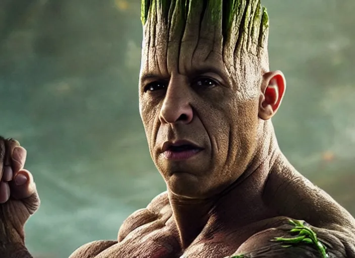 Image similar to film still of vin diesel as groot in the new guardians of the galaxy movie, 4 k, highly detailed face, detailed eyes