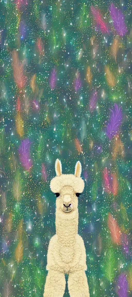 Prompt: digital artwork of an alpaca in the forest of pastel feathers lit by small fireflies at night