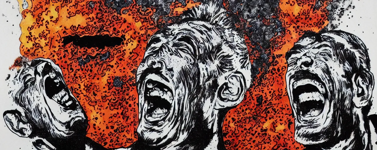 Image similar to portrait of a mad man screaming and laughing with lava bursting from the eyes, black ink stain, by Jim Phillips,