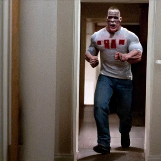 Image similar to john cena running from michael myers down a hallway of a house that was built in the 8 0's