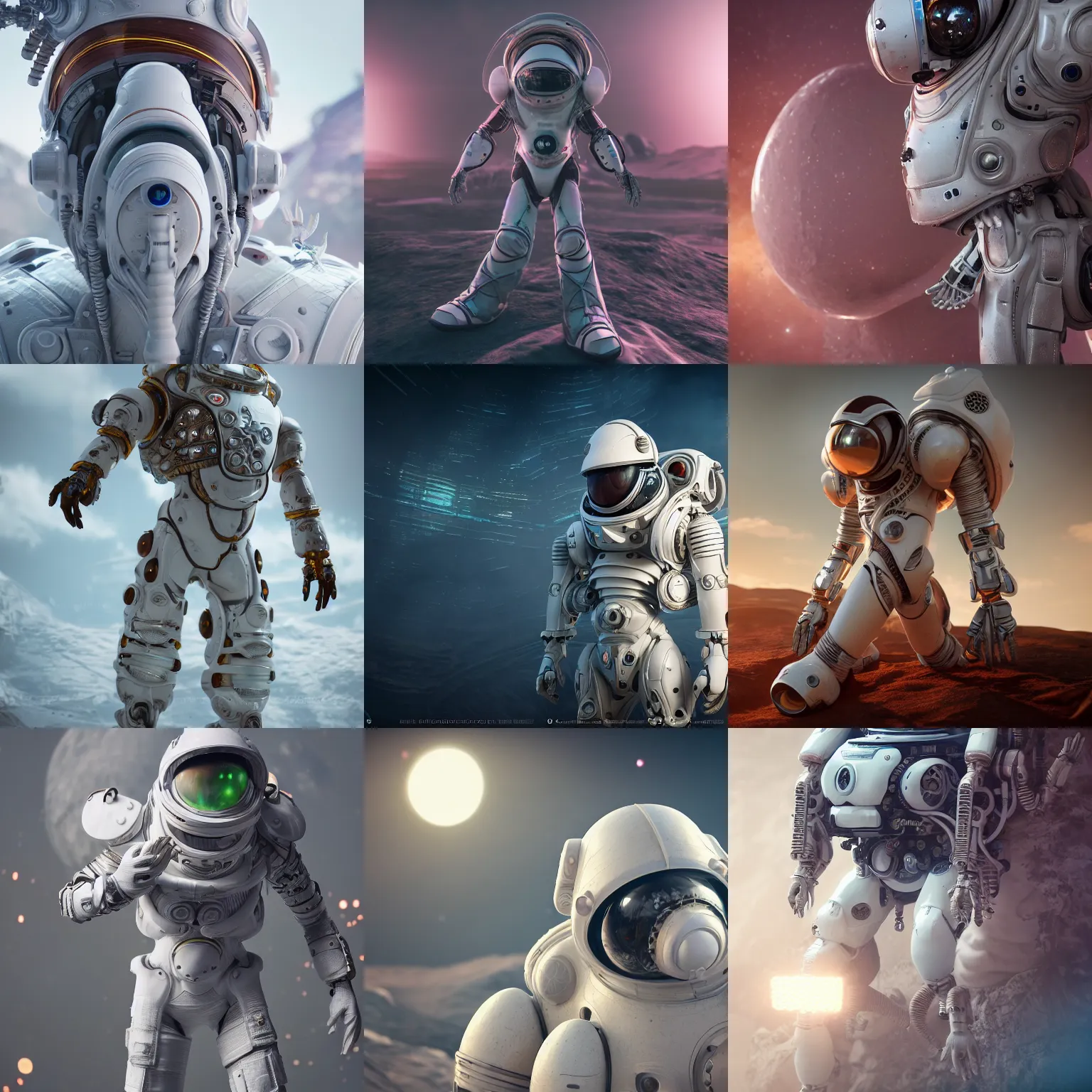 Prompt: photography of a white futuristic steampunk space builder suit armor, in an colorful alien planet, ultra detail, beautiful light, high detail, 8 k, f / 2. 8, octane render