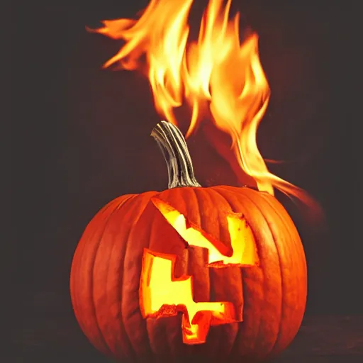 Image similar to pumpkin on fire, black background, high detail