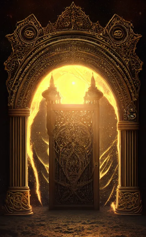 Image similar to a ornamental gate into stars a demon emerges from it, ornament, intarsia, portal, doorway, dynamic lighting, ambient lighting, atmospherical, photorealistic fantasy concept art, trending on art station, stunning visuals, creative, cinematic, ultra detailed