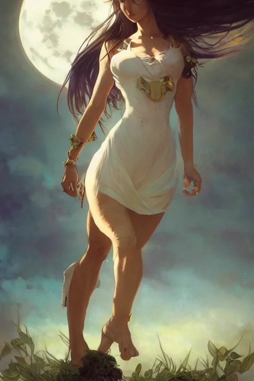 Prompt: model pose, fantasy, beautiful leg, long hair, girl, portrait, cloud sky and moon night background, high detail, concept art, digital art, illustration, smooth, sharp focus, greg rutkowski, alphonse mucha, trending on artstation, trending on deviantart,