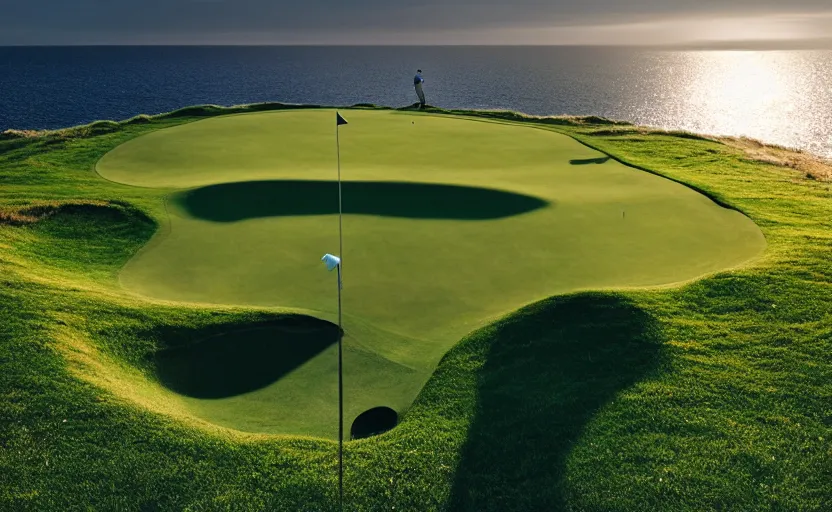 Image similar to a great photograph of the most amazing golf hole in the world, incredible light, cliffs by the sea, perfect green fairway, human perspective, ambient light, 5 0 mm, golf digest, top 1 0 0, fog