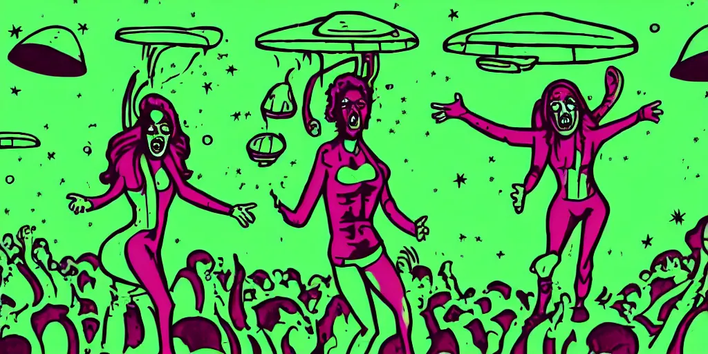 Image similar to apocalyptic ufo woman is screaming and crying after alien invasion on planet earth style in the year seventies, illustration, green color scheme