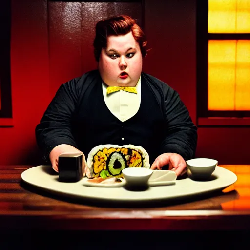 Image similar to wide - angle photo of augustus gloop eating body sushi, high focus, dramatic lighting, high detail, photo by david lachappelle 8 k