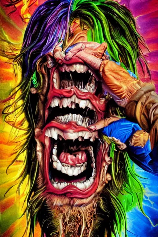 Prompt: hyper realistic painting of braco the gazer laughing maniacally, by lisa frank, simon bisley and richard corben, very intense, hyperdetailed, rich deep vivid colours, sharp focus, dramatic lighting