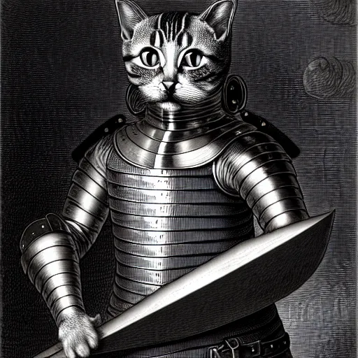 Image similar to engraving portrait of humanoid cat in medieval armoury by gustave dore. trending on deviant art, street art, chillwave, maximalist, full of color, glittering, 8 k, hd