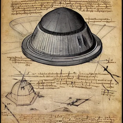 Prompt: vintage, detailed, colored sketch of ufo construction, all parts, with full descriptions, on old parchment, by leonardo da vinci!